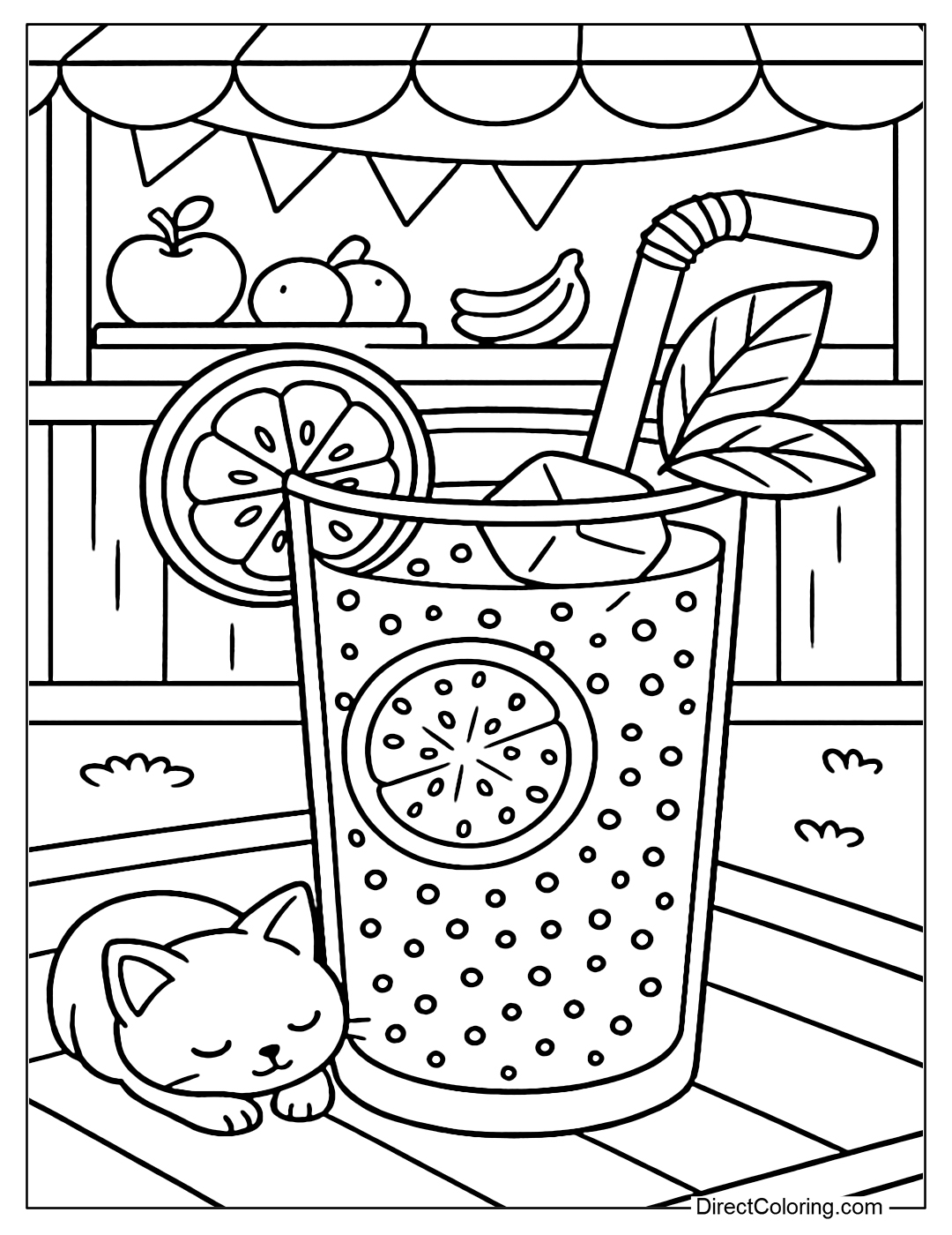 Coloring page of passion fruit soda glass with tiny floating seeds, and a fruit shop with a kitten sleeping under the counter.